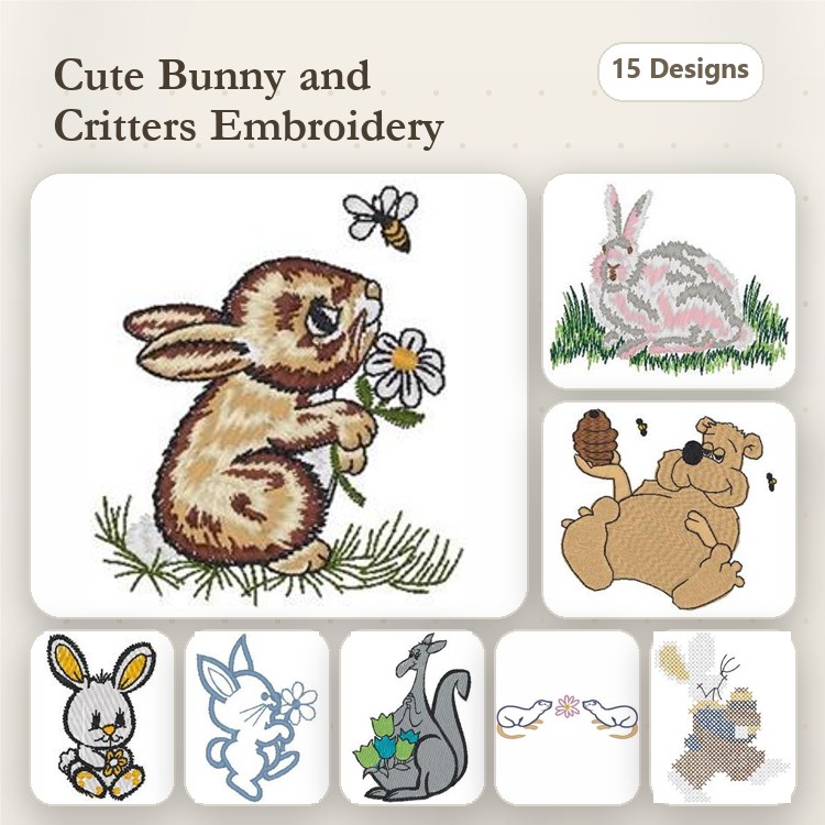 Bunny & Critters Embroidery Bundle – Cute Bunny with Flower, Bear with Acorns, Kangaroo with Flowers & More (15 Designs)