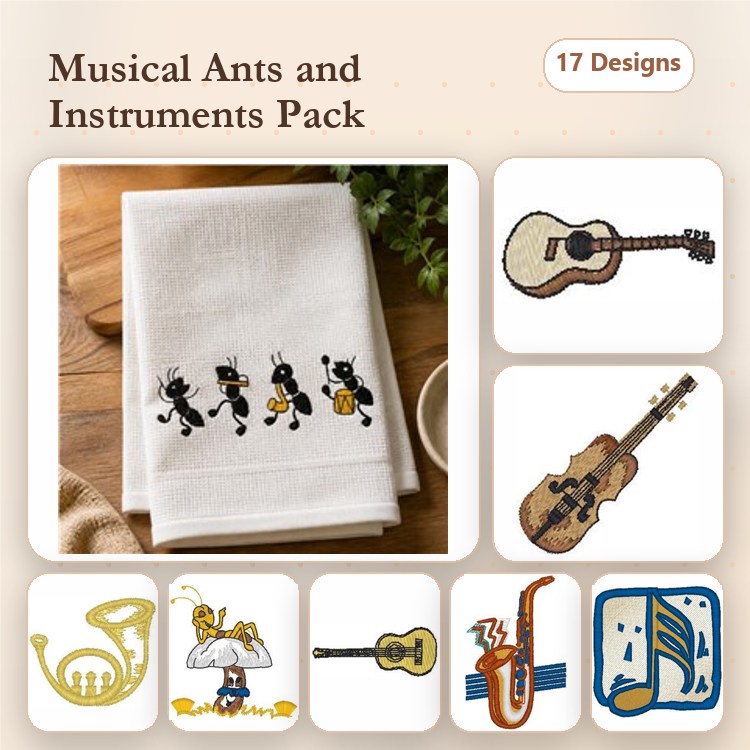 Musical Ants Embroidery Designs Bundle – Ant with Guitar, Ant with Drum, Saxophone & More (17 Designs)