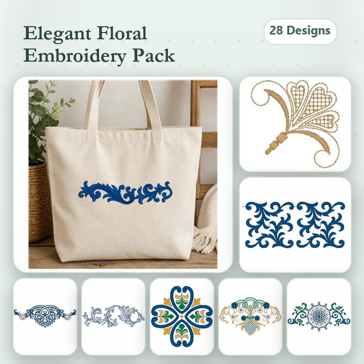 Elegant Floral Embroidery Designs Bundle – Floral Swirl, Decorative Leaf, Ornate Floral & More (28 Designs)