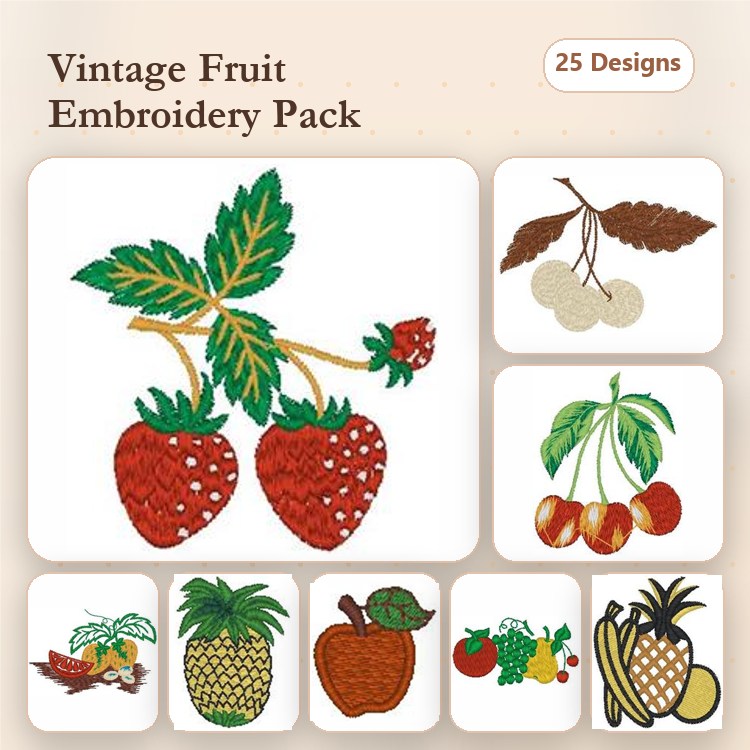 Vintage Fruit Embroidery Designs Bundle – Strawberries, Cherries, Apple & More (25 Designs)