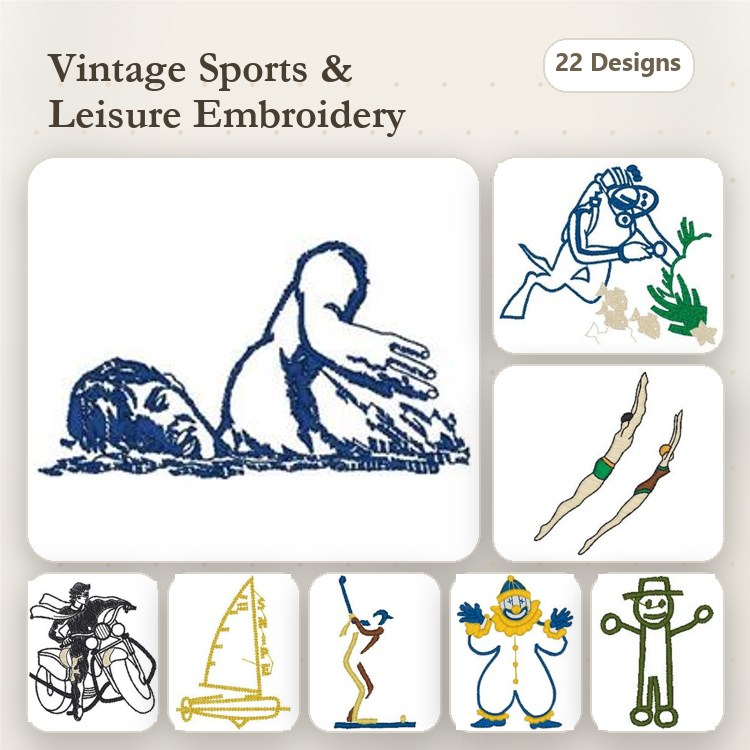 Vintage Sports & Leisure Embroidery Bundle – Swimmer, Diver, Golfer, Snowman & More (22 Designs)