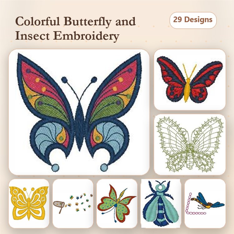 Butterfly & Insect Embroidery Designs Bundle – Colorful Butterfly, Red Butterfly, Lace Butterfly & More (29 Designs)