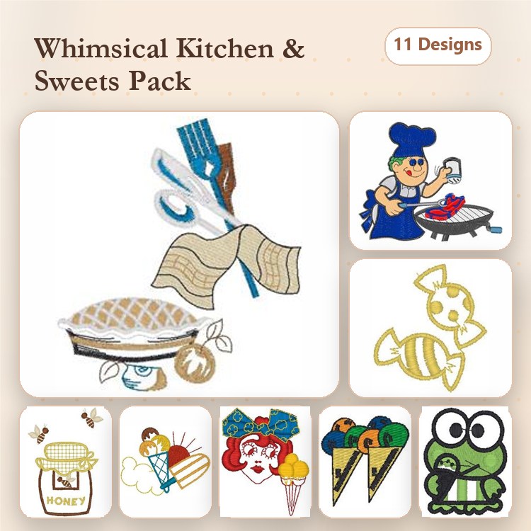 Kitchen & Sweets Embroidery Designs Bundle – Baker Girl, Ice Cream Cone, Cupcake & More (11 Designs)