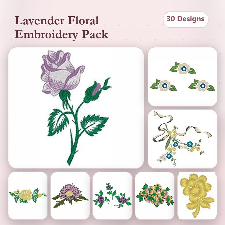 Lavender Floral Embroidery Bundle – Lavender Rose, Blue Flower, Yellow Floral Accent & More (30 Designs)