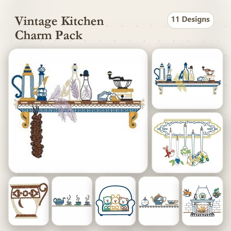 Vintage Kitchen Items Embroidery Designs Bundle – Coffee Pot, Teapot, Sugar Bowl & More (11 Designs)