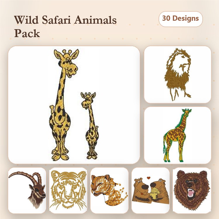 Wild Safari Animals Embroidery Designs Bundle – Giraffe Family, Lion Face, Tiger & More (30 Designs)