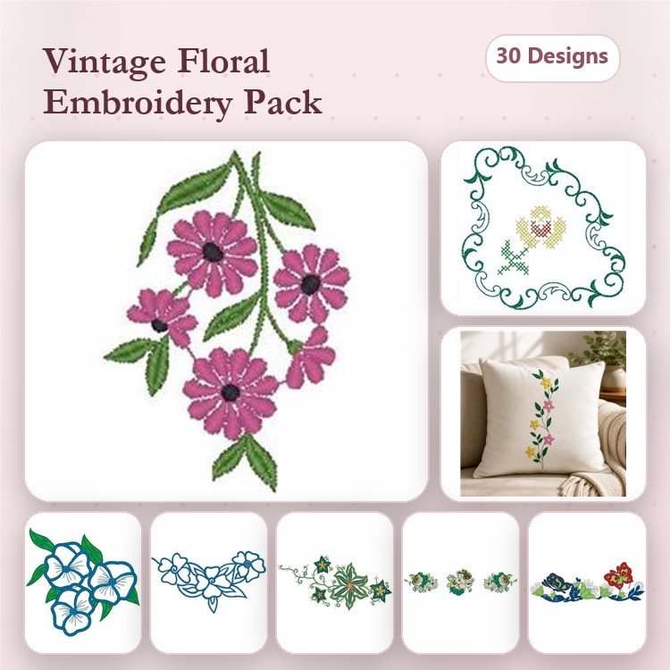 Floral Embroidery Designs Bundle – Pink Flower Bouquet, Floral Frame, Heart Floral Design & More (30 Designs)
