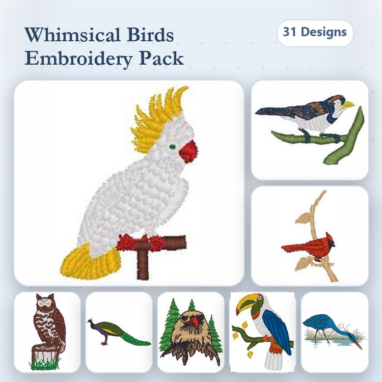 Whimsical Birds Embroidery Designs Bundle – Cockatoo, Swallow, Cardinal, Owl & More (31 Designs)