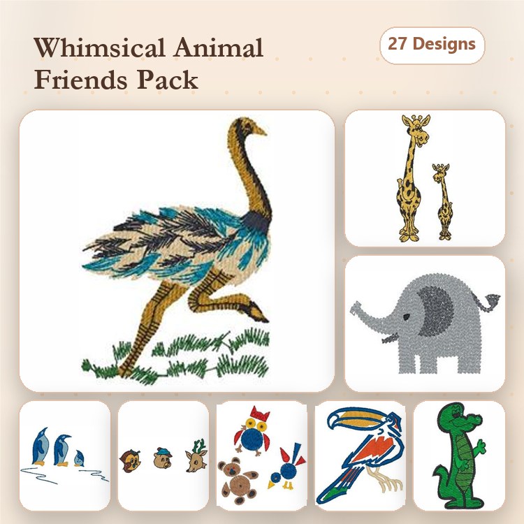 Whimsical Animals Embroidery Designs Bundle – Emu, Giraffe, Elephant & More (27 Designs)