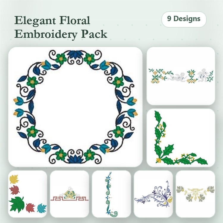 Floral Embellishments Embroidery Designs Bundle – Floral Wreath, Vine with Flowers, Leaf Swirl & More (9 Designs)