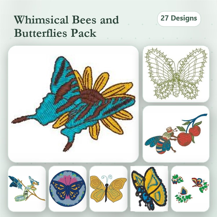 Butterflies & Bees Embroidery Designs Bundle – Butterfly with Sunflower, Lace Butterfly, Bee on Flower & More (27 Designs)