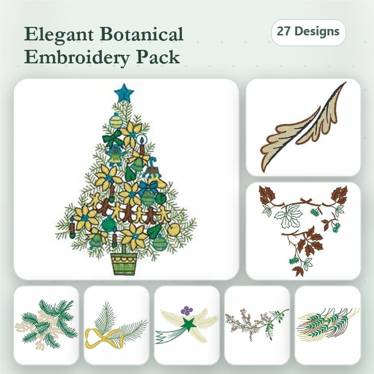 Botanical Christmas Tree Embroidery Designs Bundle – Holly Leaf, Floral Sprig, Pine Branch & More (27 Designs)