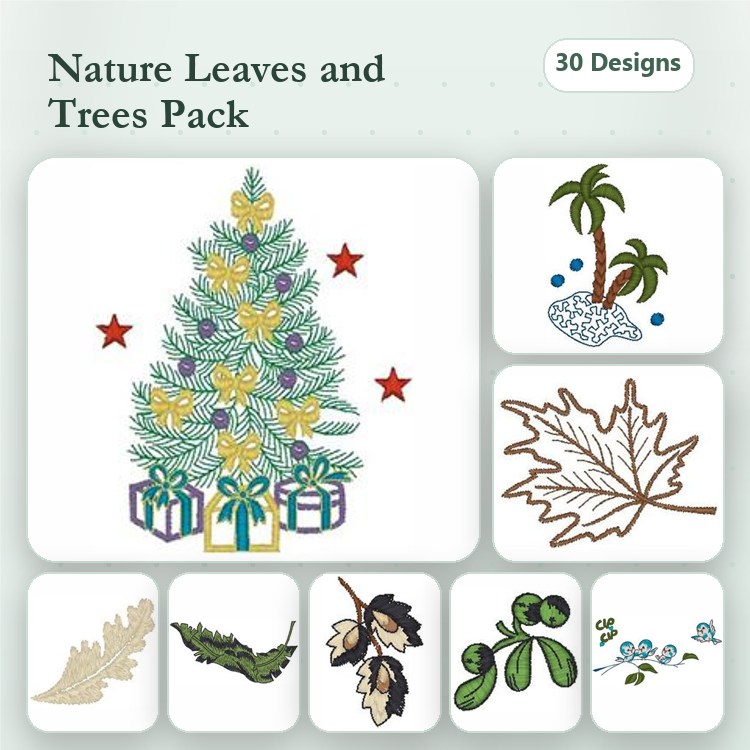 Nature Leaves and Trees Embroidery Designs Bundle – Christmas Tree, Palm Tree, Maple Leaf & More (30 Designs)