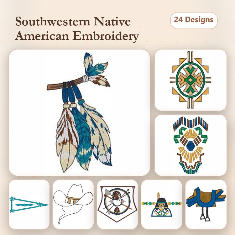 Southwestern Native American Embroidery Designs Bundle – Feather Arrangement, Geometric Pattern, Animal Skull & More (24 Designs)