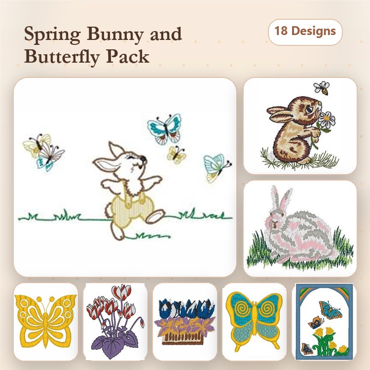 Bunnies & Butterflies Embroidery Designs Bundle – Spring Bunny with Butterflies, Bunny in Grass, Butterfly 1 & More (18 Designs)