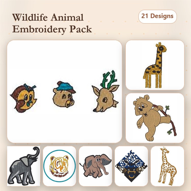 Wildlife Animals Embroidery Bundle – Owl with Hat, Bear, Giraffe & More (21 Designs)