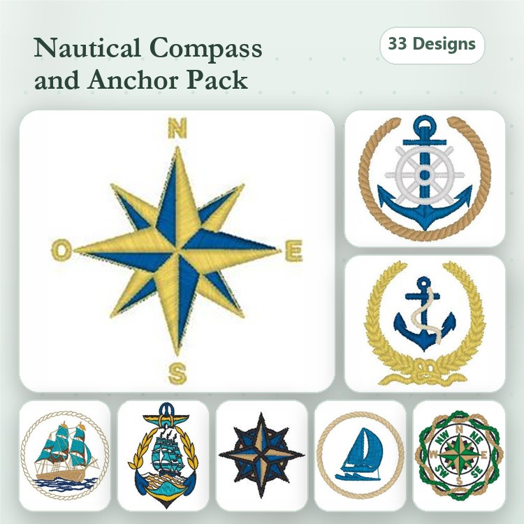 Nautical Compass & Anchor Embroidery Designs Bundle – Sailboat, Mermaid, Nautical Star & More (33 Designs)
