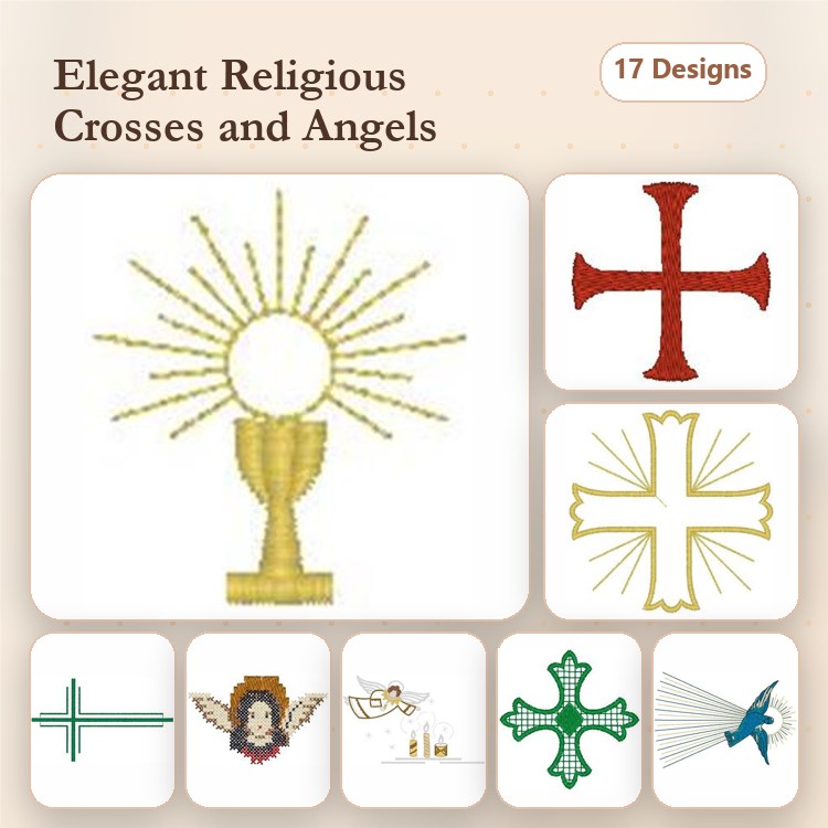 Religious Crosses & Angels Embroidery Designs Bundle – Monstrance with Rays, Red Cross, Angel with Wings & More (17 Designs)