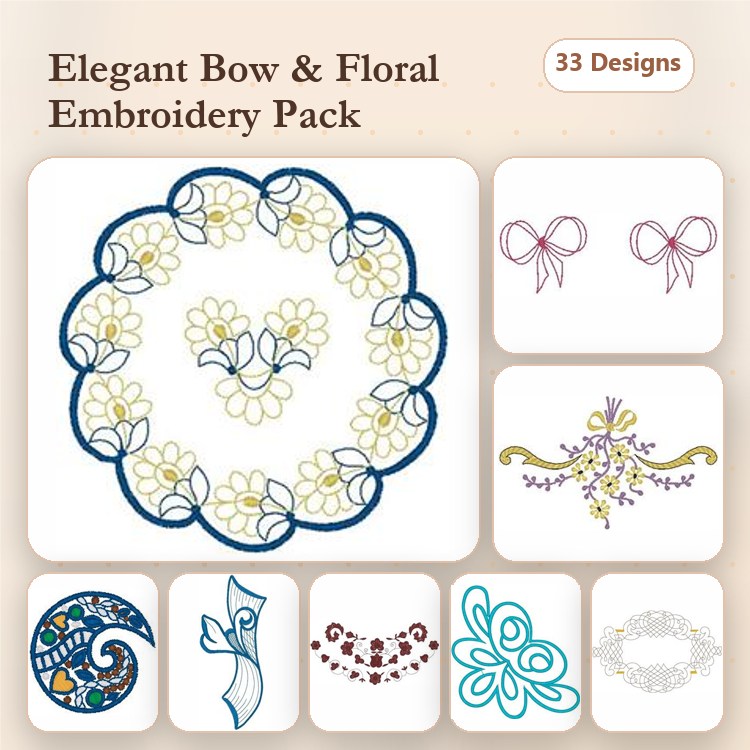 Bows and Floral Embroidery Designs Bundle – Floral Wreath, Double Bow, Curly Floral Motif & More (33 Designs)