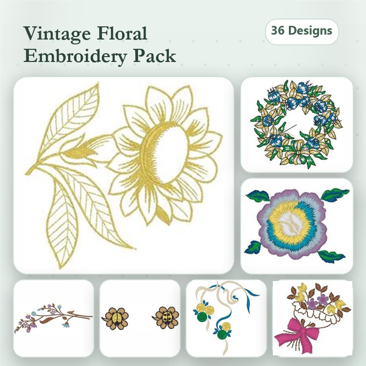 Floral Embroidery Designs Bundle – Sunflower, Floral Wreath, Blue Floral Composition & More (36 Designs)