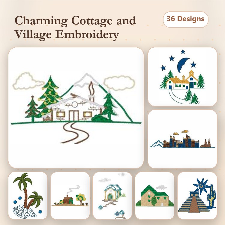 Cottage & Village Scenes Embroidery Bundle – Mountain Cottage, Starry Night Village, Tropical Palm Scene & More (36 Designs)