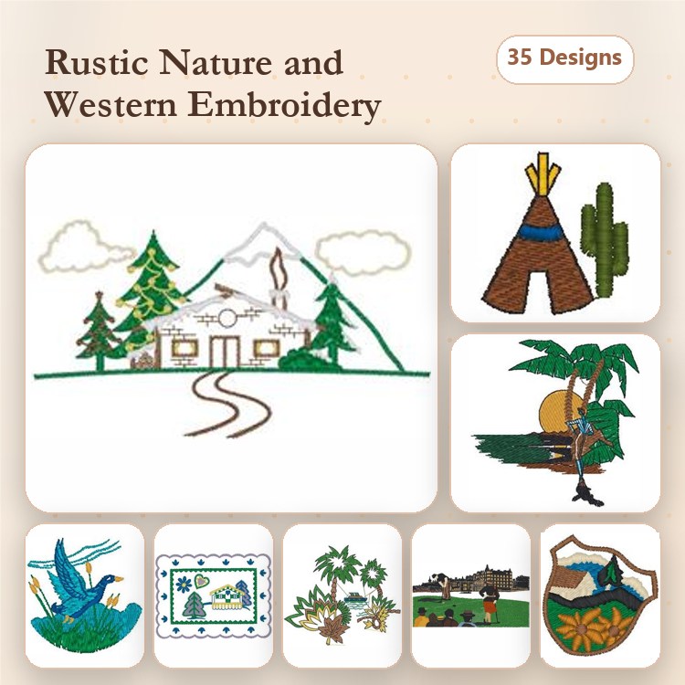Rustic Nature & Western Themes Embroidery Designs Bundle – Mountain Cabin, Pine Trees, Teepee & More (35 Designs)
