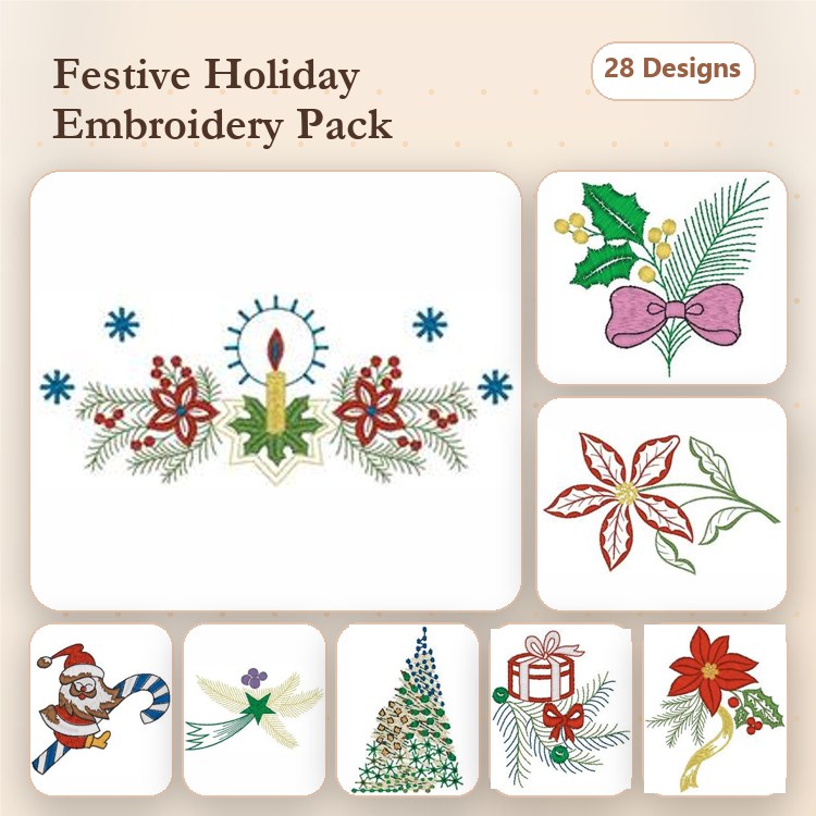Festive Holiday Decorations Embroidery Designs Bundle – Candle with Pine, Santa, Christmas Tree & More (28 Designs)