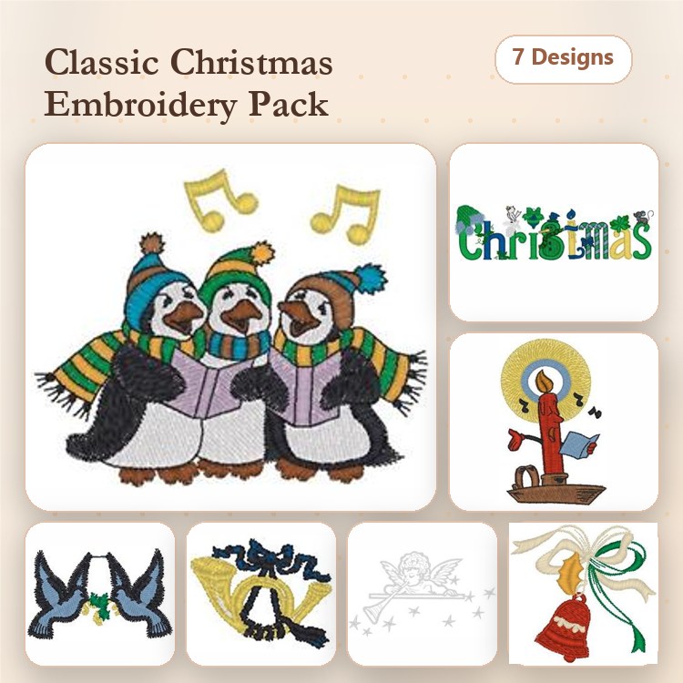 Christmas Penguins Embroidery Bundle – Singing Penguins, Christmas Text, Candle & More (7 Designs)