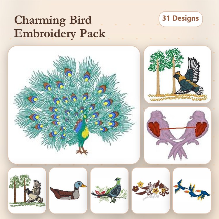 Charming Bird Embroidery Designs Bundle – Peacock, Songbird, Duck & More (31 Designs)
