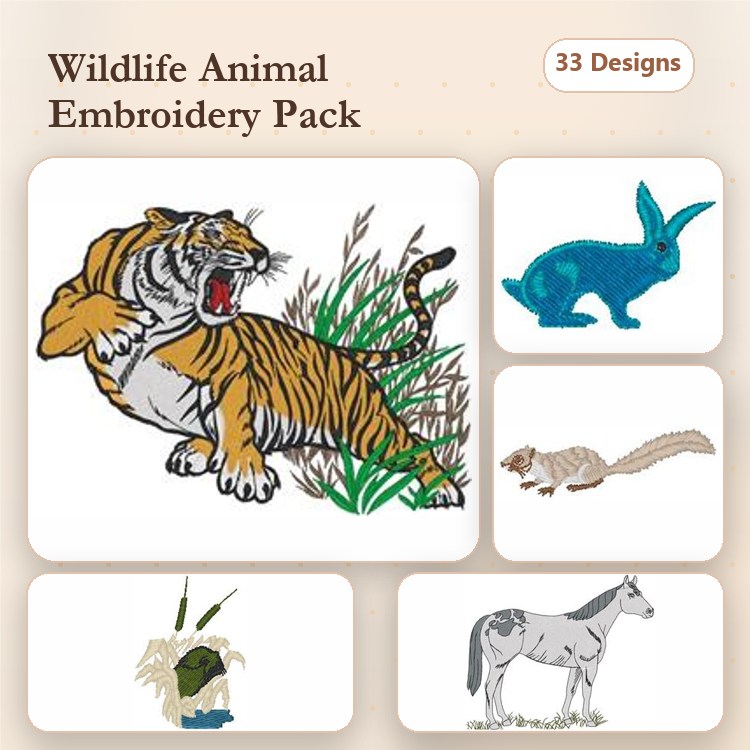Wildlife Animals Embroidery Designs Bundle – Tiger, Rabbit, Horse, & More (33 Designs)