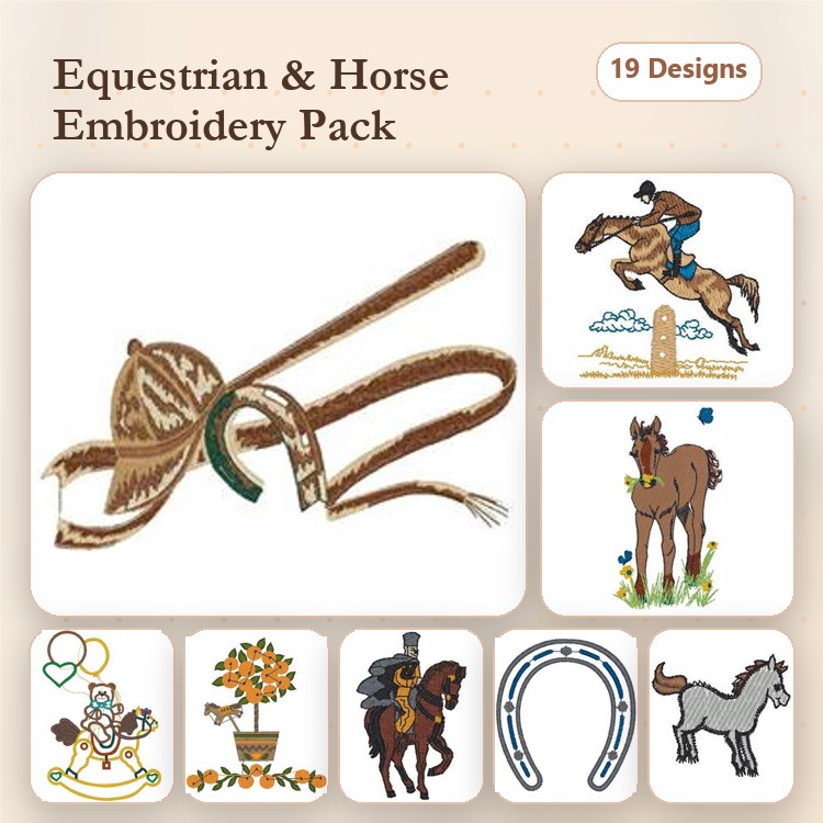 Equestrian Embroidery Bundle – Equestrian Hat, Show Jumping Horse, Horseshoes & More (19 Designs)