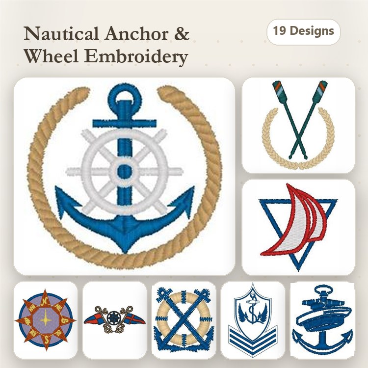 Nautical Theme Embroidery Designs Bundle – Anchors, Ship's Wheels, Sailboats & More (19 Designs)