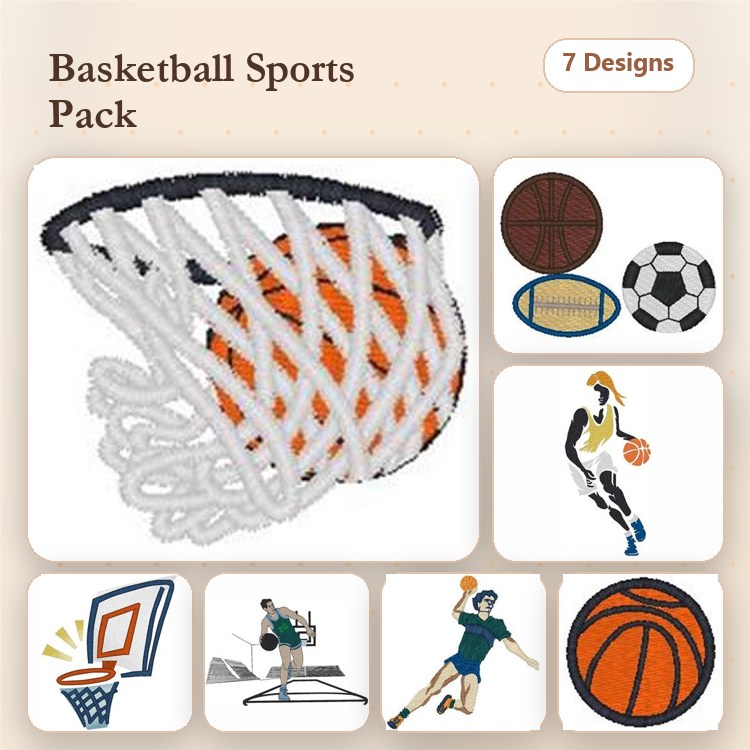 Basketball Sports Embroidery Designs Bundle – Basketball Hoop, Basketball, Player Dribbling & More (7 Designs)