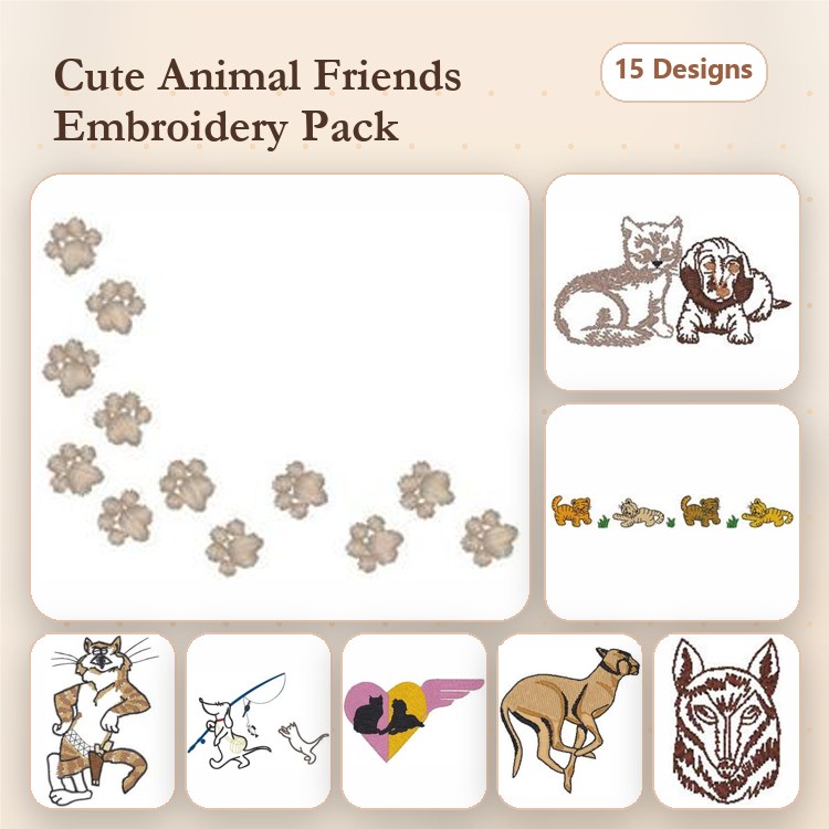 Puppy & Kitten Embroidery Bundle – Fun Animal Designs (20 Designs)