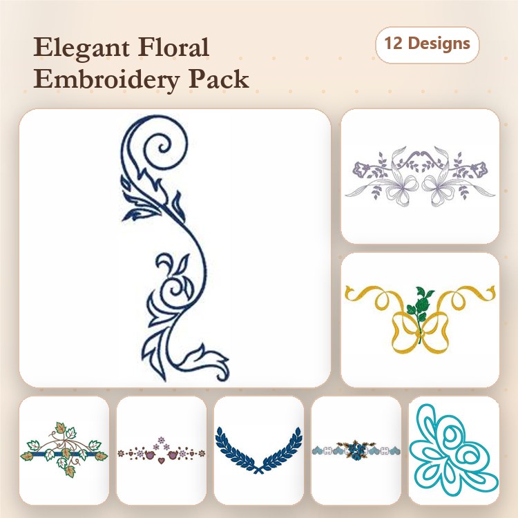 Elegant Floral Embroidery Bundle – Floral Swirl, Ornate Floral Border, Butterfly Floral & More (12 Designs)