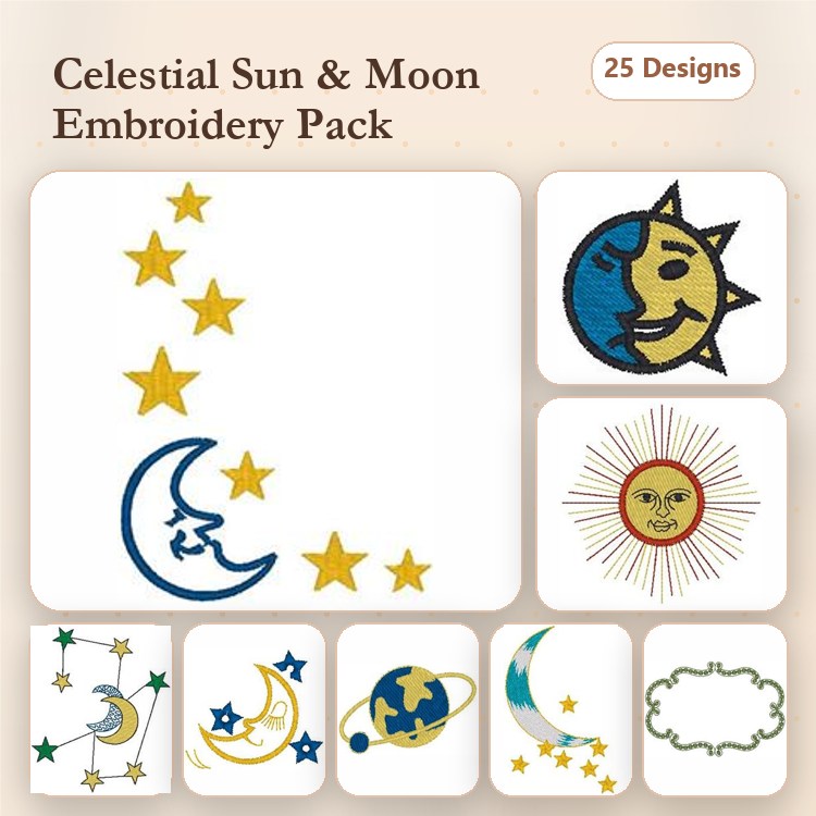 Celestial Sun & Moon Embroidery Designs Bundle – Moon with Stars, Smiling Sun, Crescent Moon & More (25 Designs)