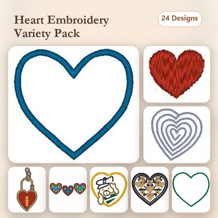 Heart Embroidery Designs Bundle – Outline Heart, Filled Heart, Heart with Dog & More (24 Designs)