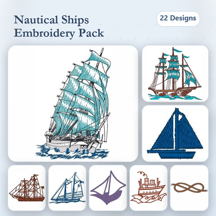 Nautical Ships Embroidery Designs Bundle – Sailing Ship, Tall Ship, Sailboat & More (22 Designs)