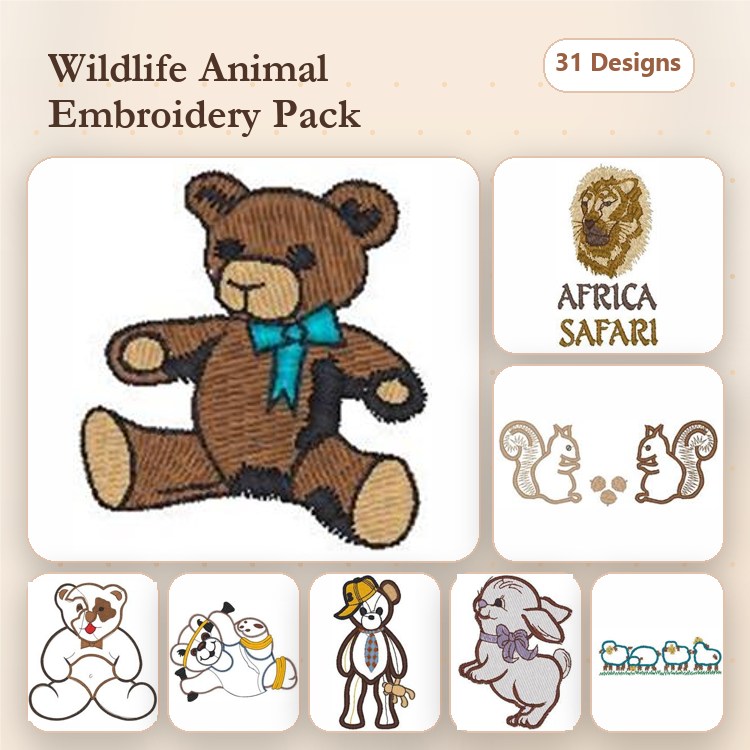 Wildlife Animals Embroidery Designs Bundle – Teddy Bear, Bunny Rabbit, Squirrel Pair & More (31 Designs)