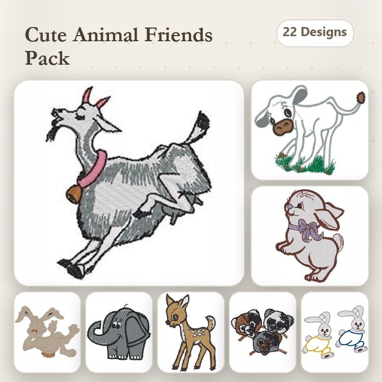 Cute Animal Embroidery Designs Bundle – Leaping Goat, Walking Cow, Bunny with Bow & More (22 Designs)