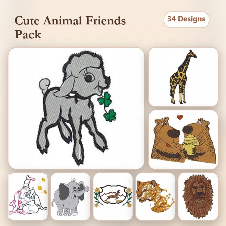 Cute Animal Embroidery Bundle – Baby Goat, Giraffe, Hugging Bears & More (34 Designs)