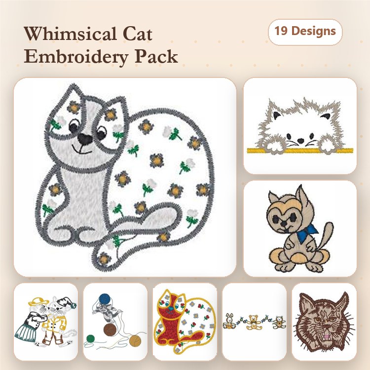 Cats Embroidery Designs Bundle – Sitting Cat with Flowers, Playful Cat, Fluffy Cat & More (19 Designs)
