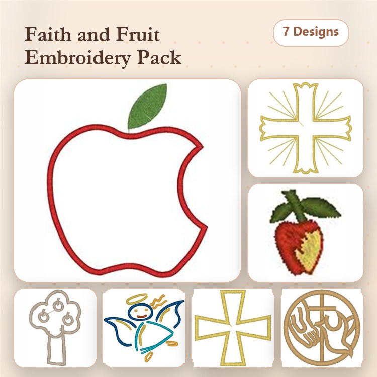 Faith & Fruit Embroidery Designs Bundle – Apple Outline, Strawberry, Angel & More (7 Designs)