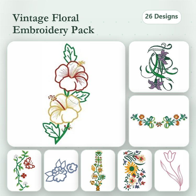 Floral Embroidery Designs Bundle – Hibiscus Flower, Ornamental Vines, Butterfly and Flowers & More (26 Designs)
