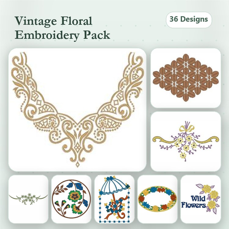 Floral Embroidery Designs Bundle – Ornamental Collar, Lattice Floral, Flower Wreath & More (36 Designs)