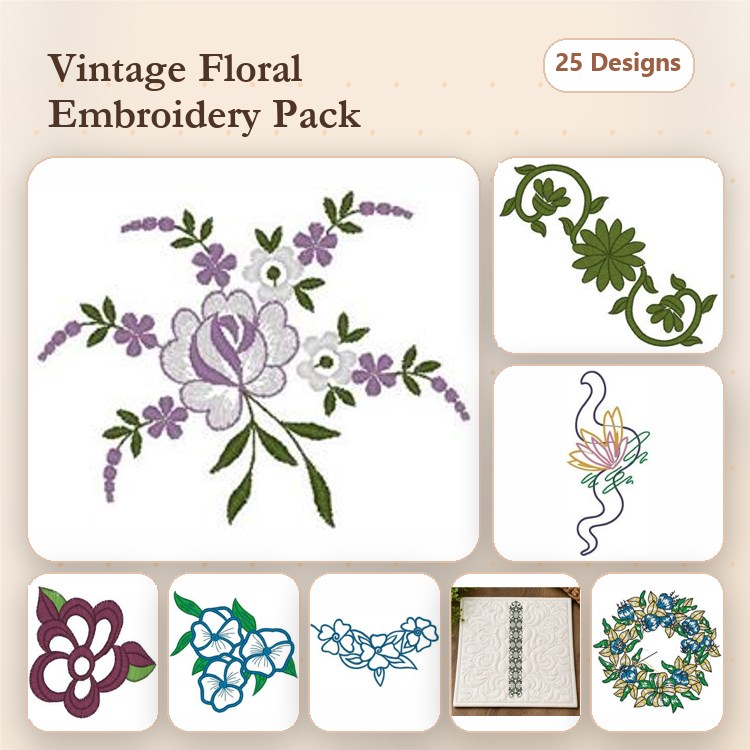 Floral Embroidery Designs Bundle – Purple Floral Bouquet, Green Leaf Border, Lace Floral Border & More (25 Designs)