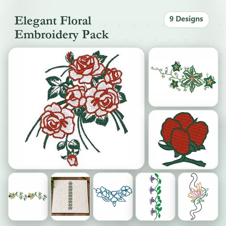 Floral Embroidery Designs Bundle – Rose Bouquet, Ivy Vine, Violet Flower & More (9 Designs)