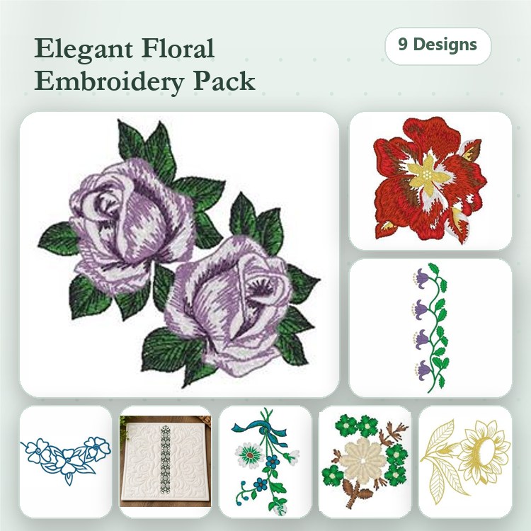 Floral Embroidery Designs Bundle – Lavender Roses, Red Flower, Daisy Flower & More (9 Designs)
