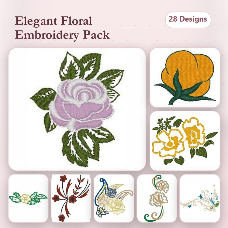 Elegant Floral Embroidery Designs Bundle – Lavender Rose, Yellow Flower, White Flower & More (28 Designs)
