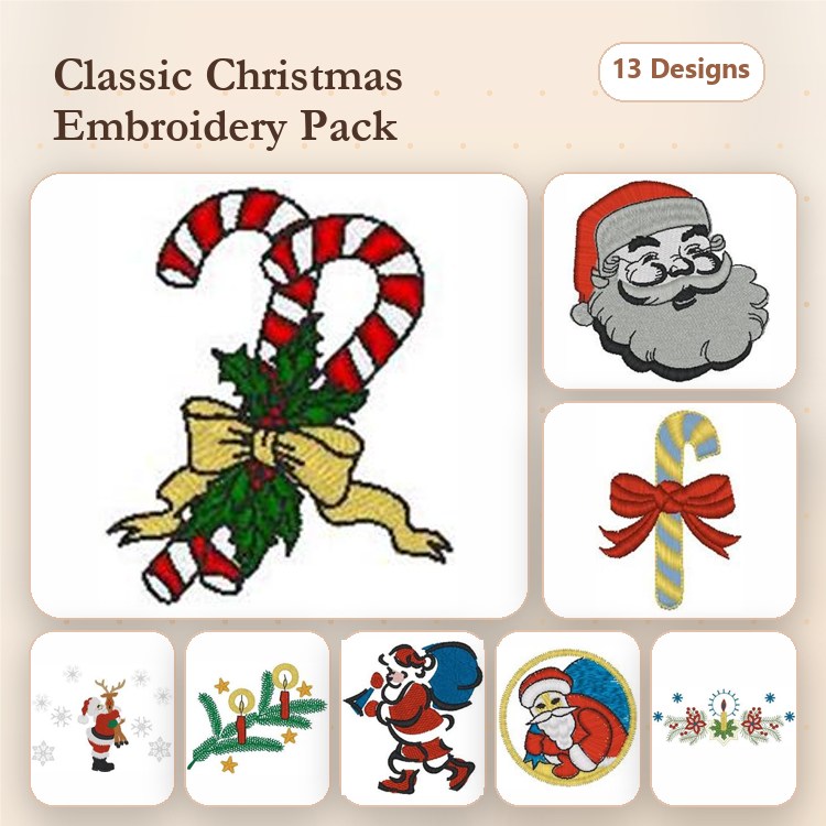 Classic Christmas Embroidery Designs Bundle – Santa Claus, Candy Cane, Christmas Tree & More (13 Designs)